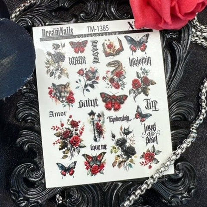 TM-1385 / Nail Decal 2D/ Gothic Nails/ Dark / Moth / Roses - Xochi Nail Designs LLC