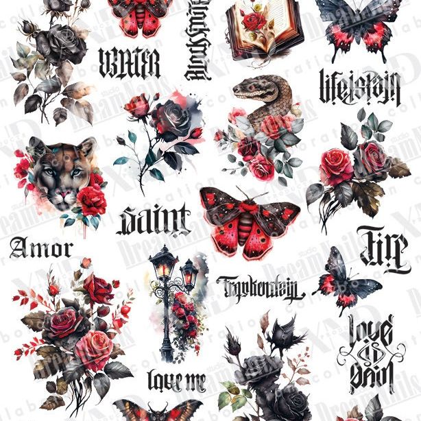 TM-1385 / Nail Decal 2D/ Gothic Nails/ Dark / Moth / Roses - Xochi Nail Designs LLC