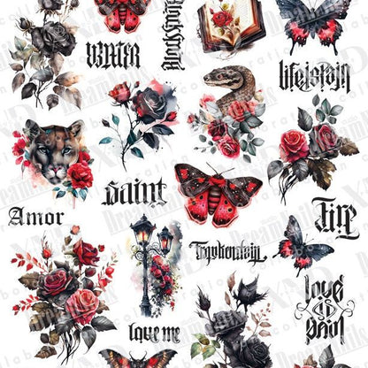 TM-1385 / Nail Decal 2D/ Gothic Nails/ Dark / Moth / Roses - Xochi Nail Designs LLC