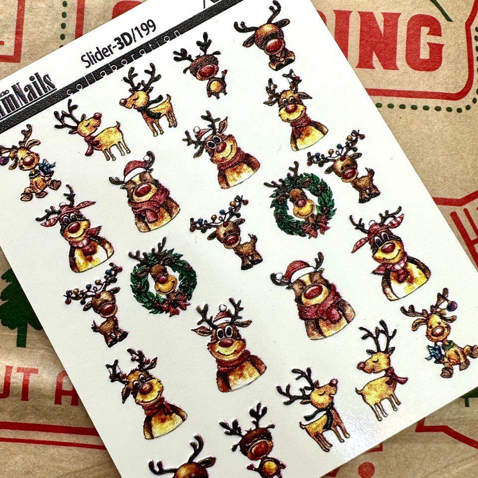 3D/199  / 3D Christmas Nail Decals - Reindeer and Rudolph - Xochi Nail Designs LLC