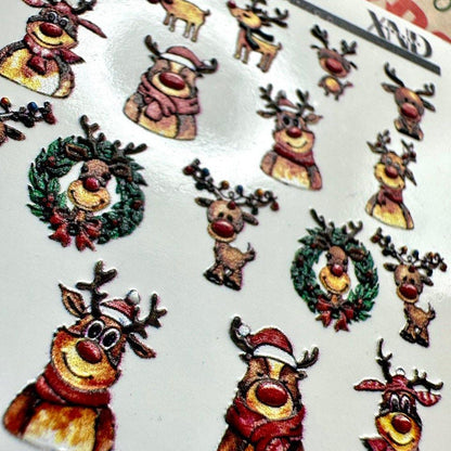 3D/199  / 3D Christmas Nail Decals - Reindeer and Rudolph - Xochi Nail Designs LLC