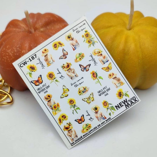 CW-187 / Nail Decal 2D /Sunflowers/Flowers/Butterfly - Xochi Nail Designs LLC