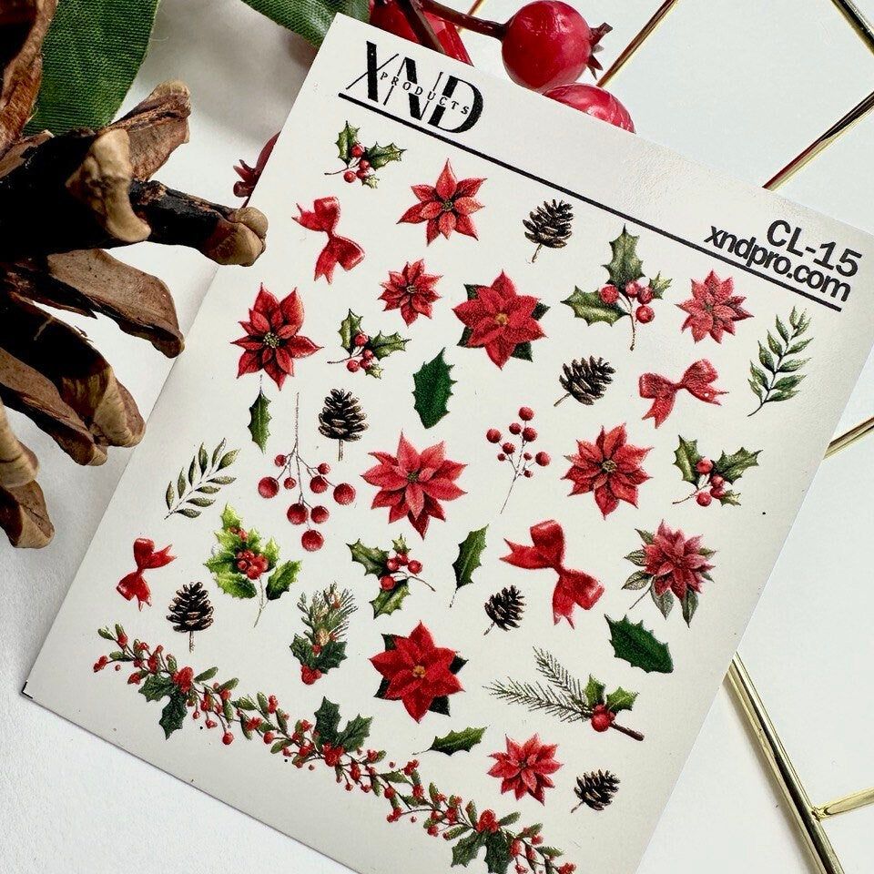 CL-15 / Nail Decal 2D Holiday Red Poinsettia/Christmas - Xochi Nail Designs LLC