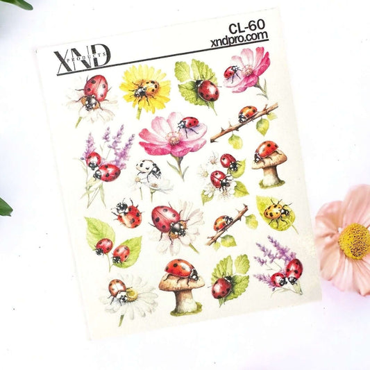 CL-60 / Nail Decal 2D/ Ladybug /Spring Nails/ Flowers - Xochi Nail Designs LLC