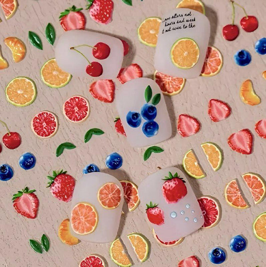 Self Adhesive Nail Sticker / Fruit 5D Embossed with Lemon/ Orange/ Strawberry/ Blueberry/ Cherry