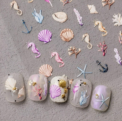 Adhesive Nail Stickers /Pink Summer Ocean Theme Shell/ Starfish/ Seahorse/ Coral/ Seaweed