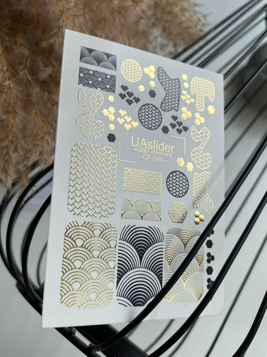 UA Slider 2D Nail Decal CF-060 Nail Water Decal Gold FOIL/ Geometric/ Gold Foil Nail Water Decals/ Japanese/ Abstract/ Pattern/ Nail Stickers