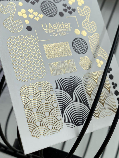 UA Slider 2D Nail Decal CF-060 Nail Water Decal Gold FOIL/ Geometric/ Gold Foil Nail Water Decals/ Japanese/ Abstract/ Pattern/ Nail Stickers