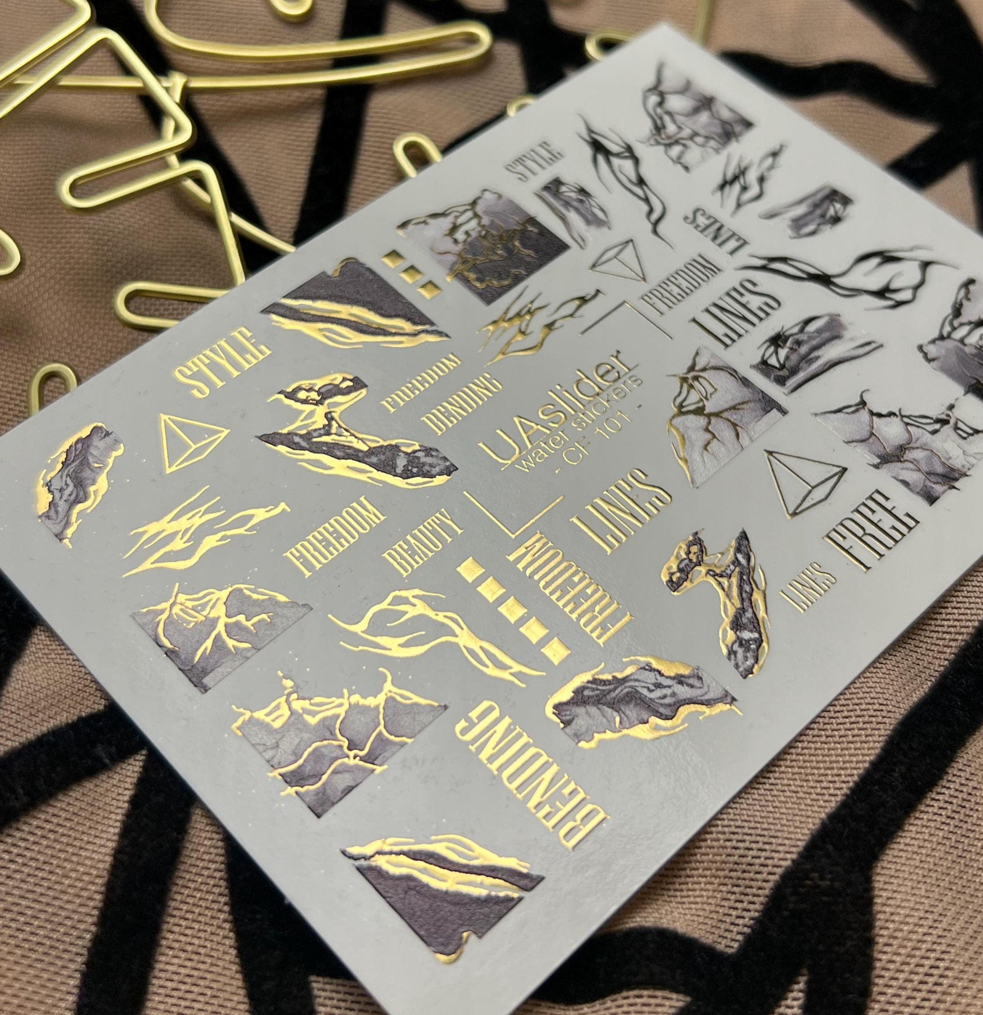 UA Slider 2D Nail Decal CF-101 Nail Water Decal Gold FOIL/ Abstract/ Marble / Luxury /Line Art/ Foil Nail Stickers / Nail Stickers