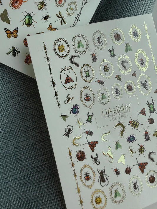 UA Slider 2D Nail Decal CF-788 Entomology Bug and Beetle Nail Stickers / Gold Frames/ Nail Art / Nail Water Decals (1pc)