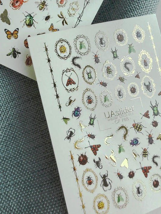 UA Slider 2D Nail Decal CF-788 Entomology Bug and Beetle Nail Stickers / Gold Frames/ Nail Art / Nail Water Decals (1pc)