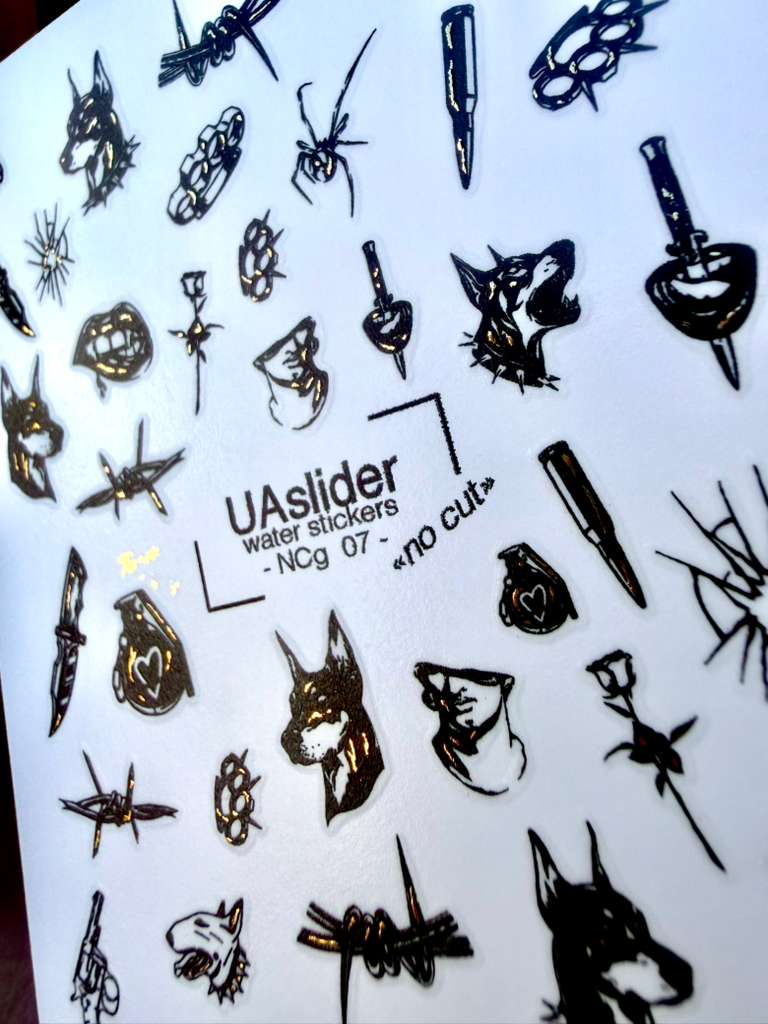 UA Slider 2D Nail Decal NCG-07/ NCG-074 NO CUT Gold Foil Gothic Nail Decals – Doberman, Spider, Barbed Wire, Punk Tattoo Nail Art
