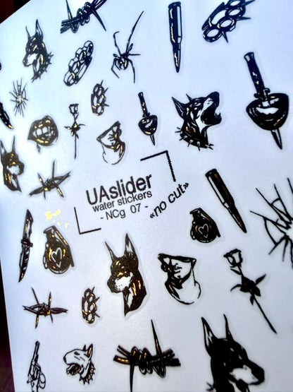 UA Slider 2D Nail Decal NCG-07/ NCG-074 NO CUT Gold Foil Gothic Nail Decals – Doberman, Spider, Barbed Wire, Punk Tattoo Nail Art