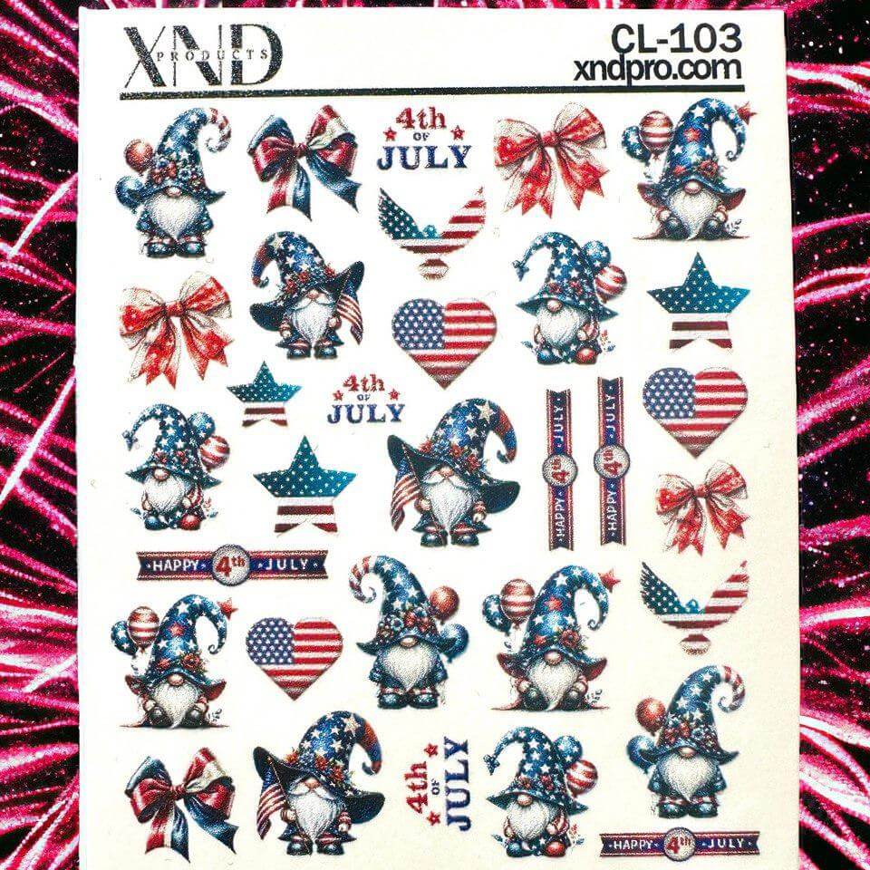 XND Products 2D Nail Decal CL-103 / Nail Decal 2D / 4th of July nails / Independence Day / Gnomes/ USA