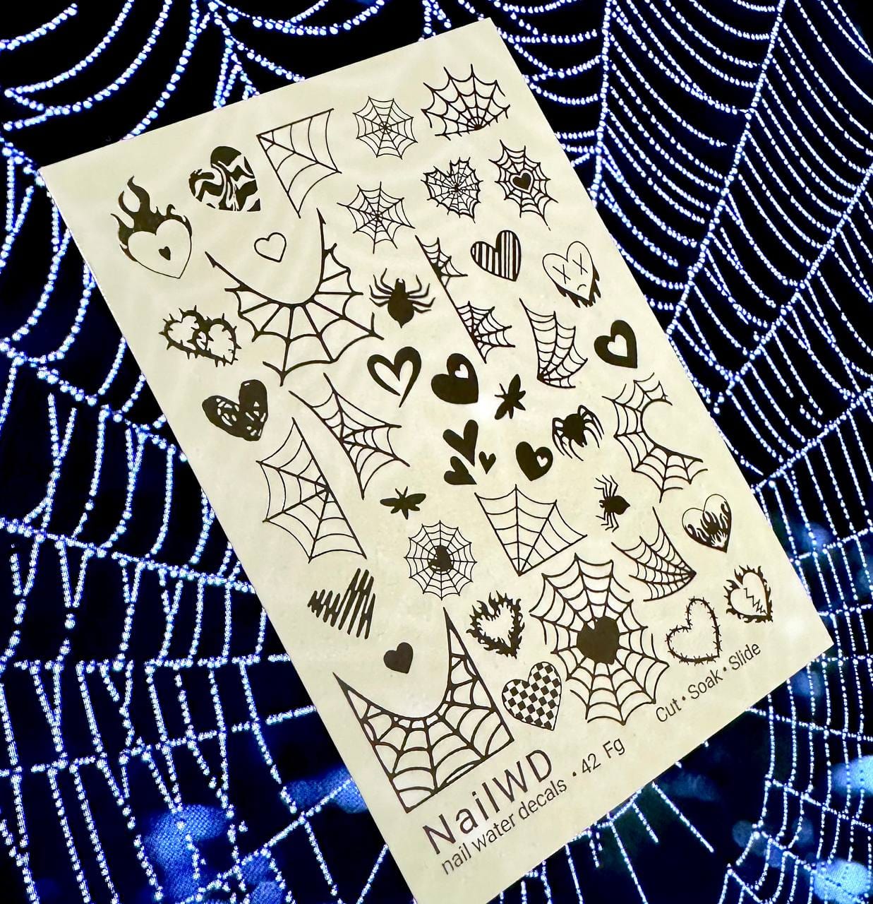 UA Slider 2D Nail Decal FG-42 Spider Web Nail Decals, Gold Halloween Waterslide Transfers, Spooky Nail Decals
