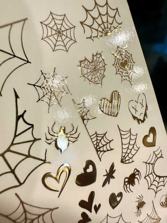 UA Slider 2D Nail Decal FG-42 Spider Web Nail Decals, Gold Halloween Waterslide Transfers, Spooky Nail Decals