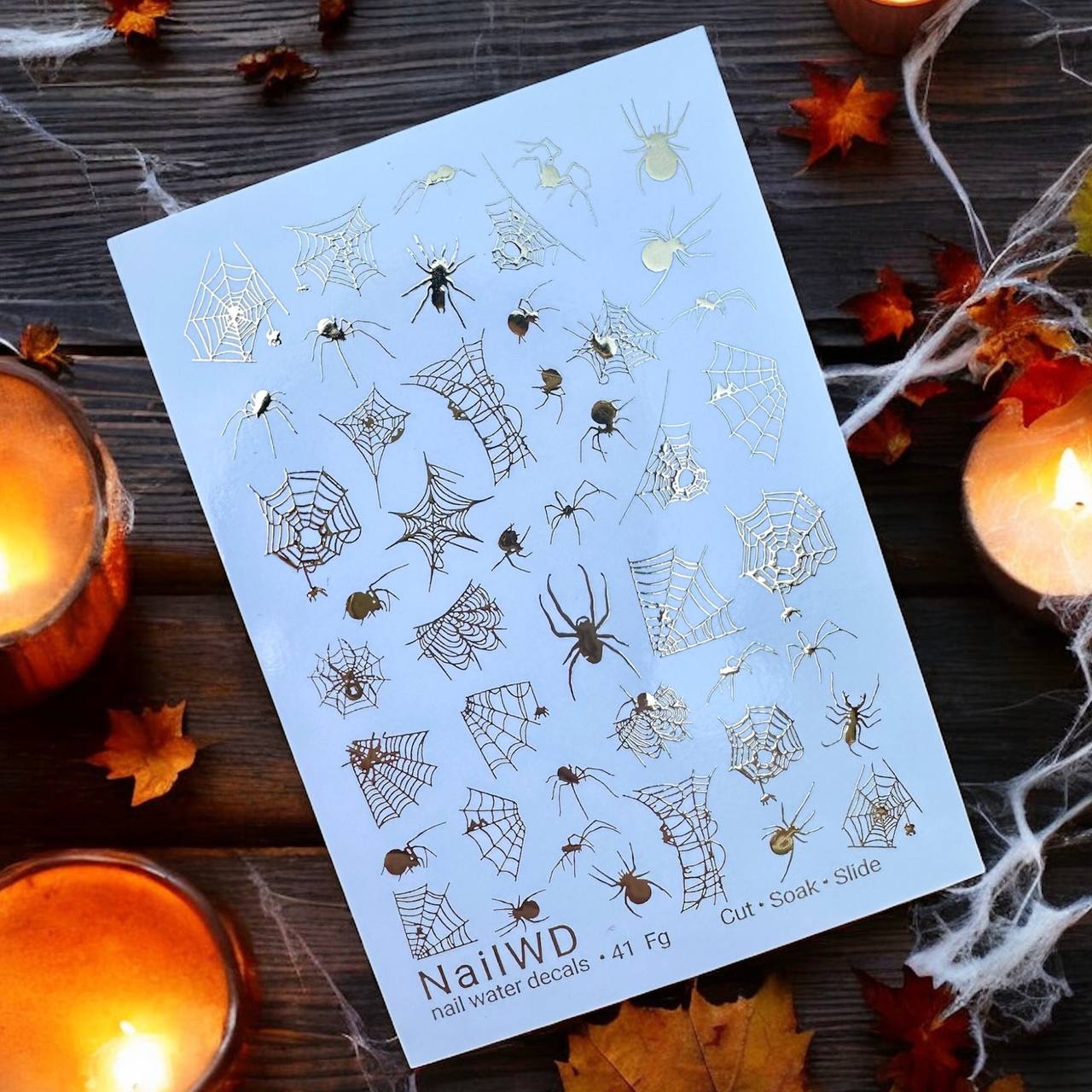 UA Slider 2D Nail Decal FG-41 Spider Web Nail Decals, Gold Halloween Waterslide Transfers, Spooky Nail Decals