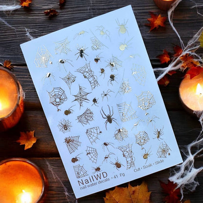 UA Slider 2D Nail Decal FG-41 Spider Web Nail Decals, Gold Halloween Waterslide Transfers, Spooky Nail Decals
