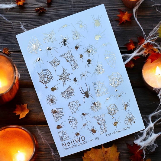 UA Slider 2D Nail Decal FG-41 Spider Web Nail Decals, Gold Halloween Waterslide Transfers, Spooky Nail Decals