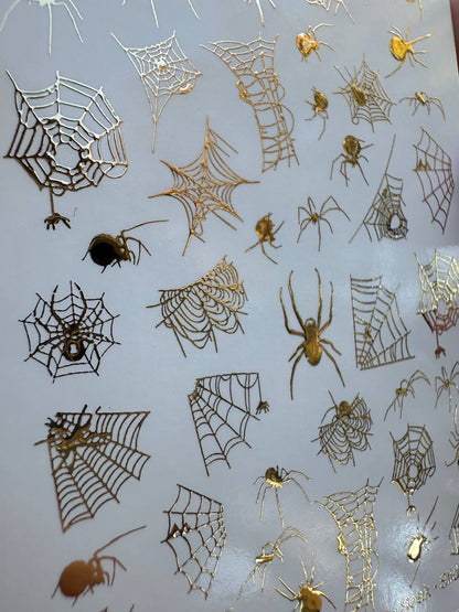 UA Slider 2D Nail Decal FG-41 Spider Web Nail Decals, Gold Halloween Waterslide Transfers, Spooky Nail Decals