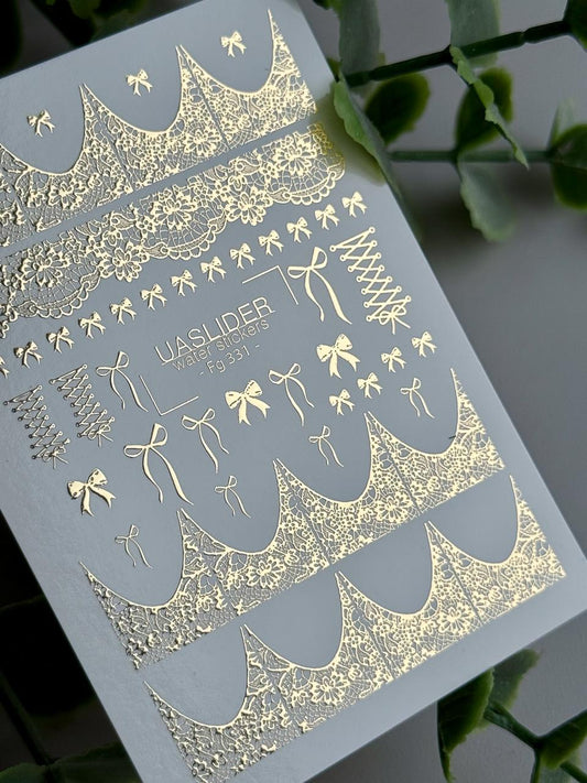 UA Slider 2D Nail Decal Fg-331 Gold Foil Lace & Bow Nail Water Decals - French Tips & Nail Art