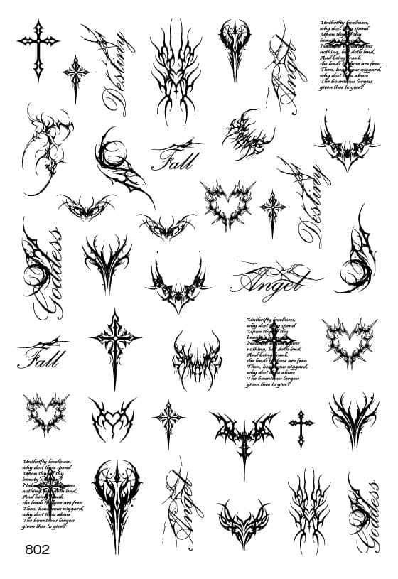 UA Slider 2D Nail Decal 802 - Gothic Nail Water Decals - Crosses, Thorn Hearts & Script Designs