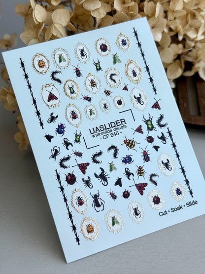 UASlider 2D Nail Decal CF-845 Gothic Entomology Nail Water Decals - Beetles, Scorpions, Moths & Cameo Frames