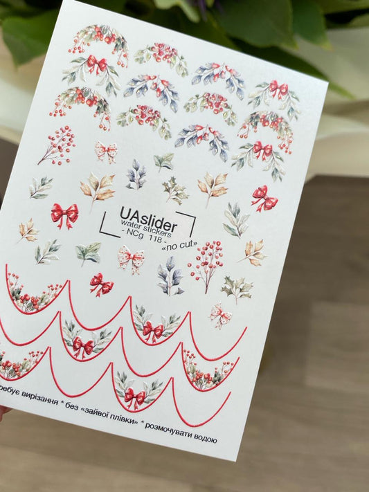 UA Slider 2D Nail Decal NCG-109 Christmas Nail Decals with Red Bow French Tips – Holly, Mistletoe, & Berries