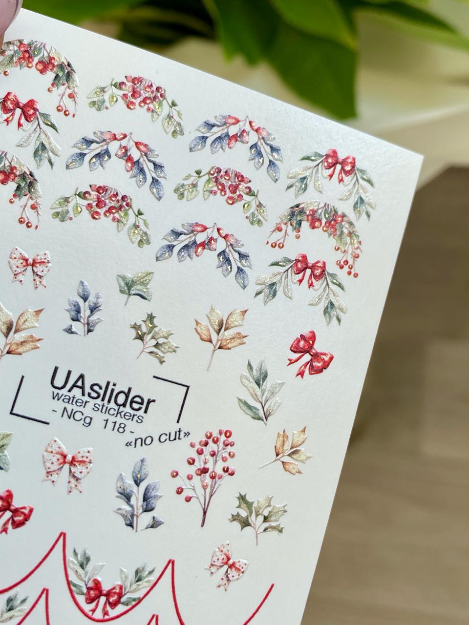 UA Slider 2D Nail Decal NCG-109 Christmas Nail Decals with Red Bow French Tips – Holly, Mistletoe, & Berries